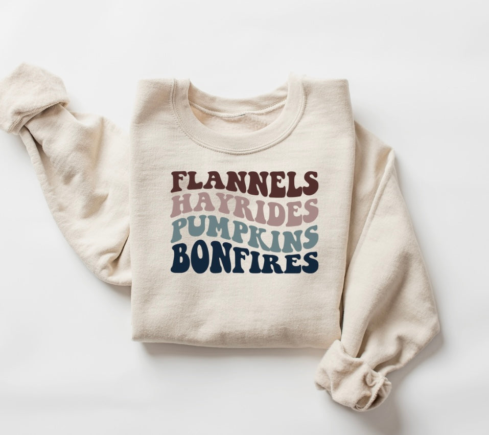 Flannels Hayrides Pumpkins Bonfires Crewneck