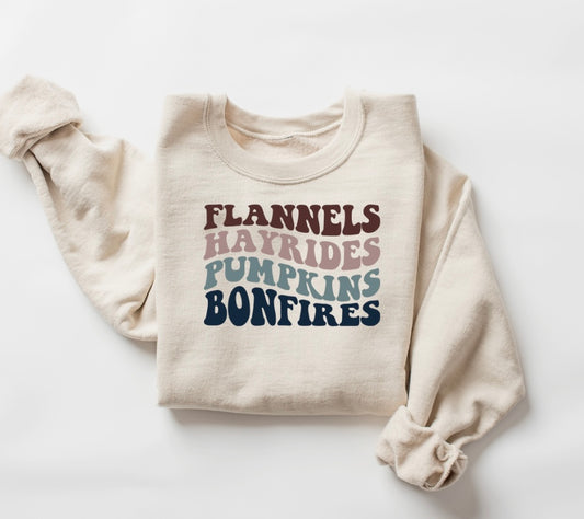 Flannels Hayrides Pumpkins Bonfires Crewneck