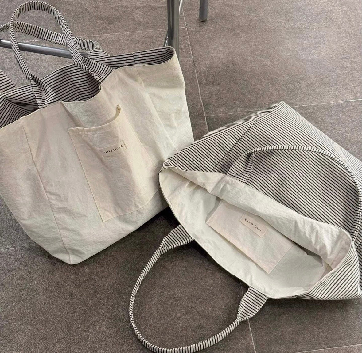 Stylish Reversible Striped Canvas Tote Bag