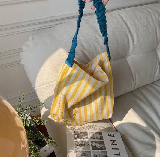 Trendy Striped Canvas Ruffled Shoulder Strap Handbag